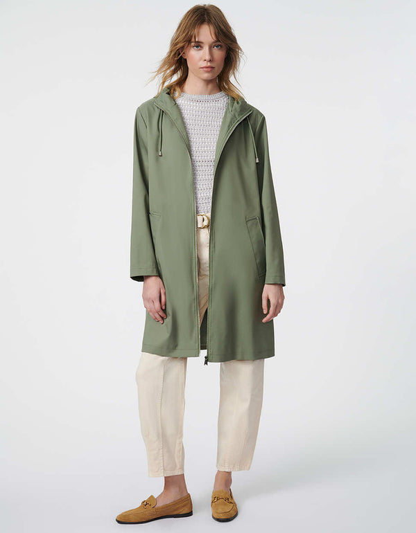 enjoy ample coverage in this relaxed fit hooded mid length raincoat in olive green