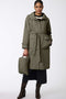 knee length trench coat for women with stylish patch pockets and water resistant fabric in army green
