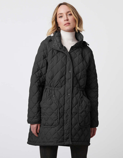 black quilted hip length puffer jacket with adjustable hood and multiple pockets for women
