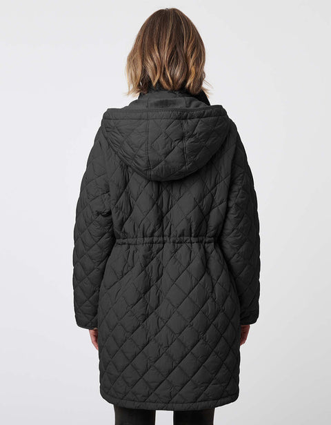 full zip hip length hooded puffer jacket for women with a snatched waist and quilted texture