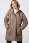 taupe cream quilted hip length puffer jacket with a zip up enclosure and button up zip cover for women