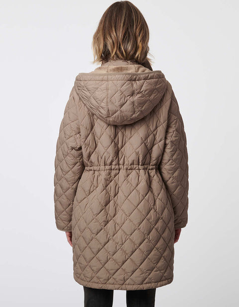 puffer jacket in dusty taupe with snatched waist and quilting partnered with an adjustable hood and pockets