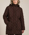 quilted hip length puffer jacket with a zip up enclosure and button up zip cover for women