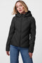 dual layered black slim fitting puffer jacket for women with thumbholes and zip up enclosure