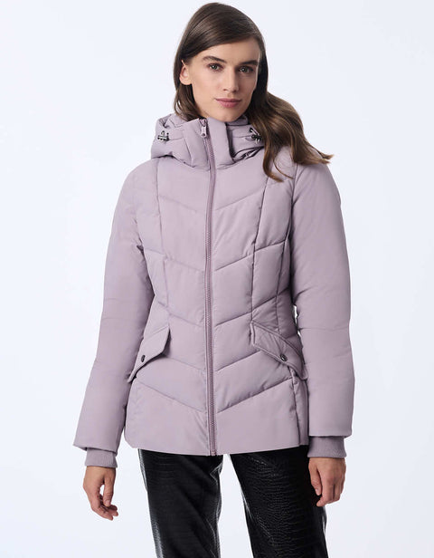 womens sustainable hip length horizon hooded puffer jacket with sleek design and recycled ecoplume insulation