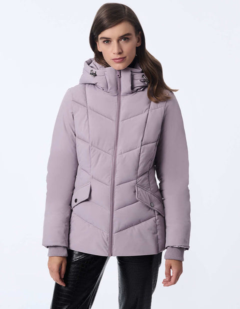 womens sustainable hip length horizon hooded puffer jacket with sleek design and recycled ecoplume insulation