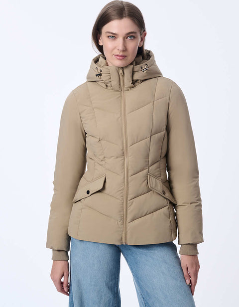 womens sustainable hip length horizon hooded puffer jacket with sleek design and recycled ecoplume insulation