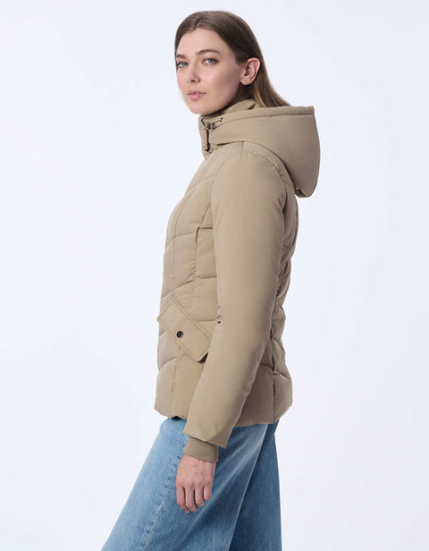 womens sustainable hip length horizon hooded puffer jacket with sleek design and recycled ecoplume insulation