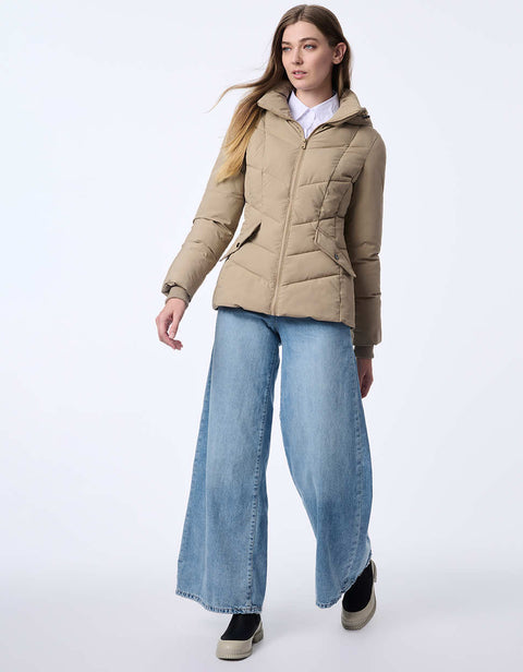 womens sustainable hip length horizon hooded puffer jacket with sleek design and recycled ecoplume insulation