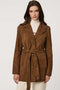 Women’s suede trench coat with belted waist, epaulettes, and double-breasted front for chic modern tailoring.