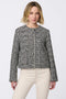 Cropped tweed jacket with collarless design, refined tailoring, and tonal buttons. Classic femininity with modern style, perfect for denim or dress pairings.