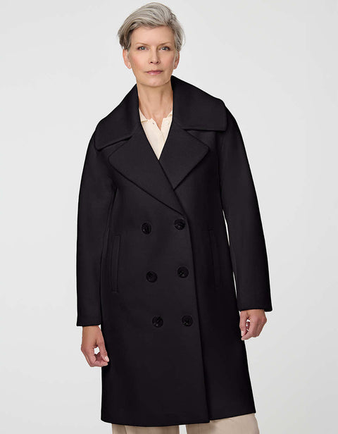 Calf-length double-breasted wool coat with oversized lapels, offering timeless sophistication and warmth.