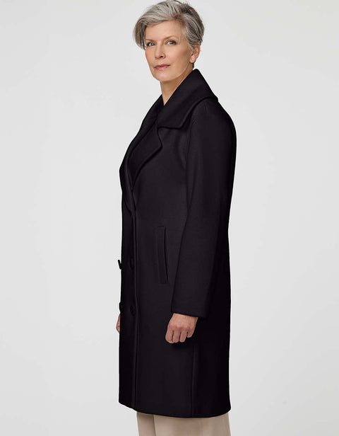 Calf-length double-breasted wool coat with oversized lapels, offering timeless sophistication and warmth.