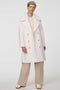 Calf-length double-breasted wool coat with oversized lapels, offering timeless sophistication and warmth.