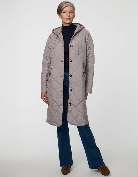 Merrick Quilted Puffer Coat with diamond quilting, welt pockets, and knee-length fit.