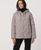 Oversized quilted puffer jacket with diamond stitching, drawstring hood, welt pockets, and snap front closures.