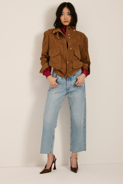 Women's genuine suede utility jacket with oversized flap pockets and stand collar in camel brown