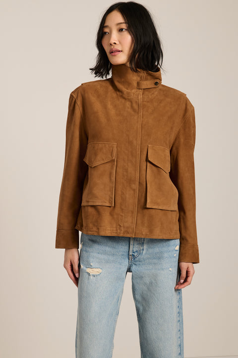 Women's genuine suede utility jacket with oversized flap pockets and stand collar in camel brown