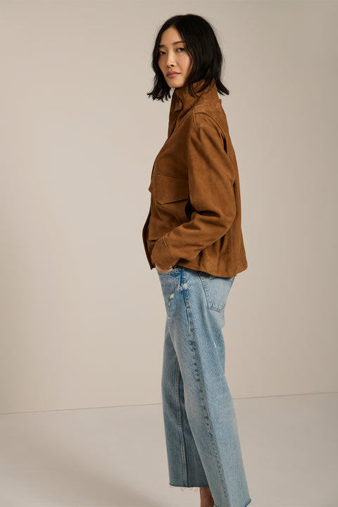 Women's genuine suede utility jacket with oversized flap pockets and stand collar in camel brown