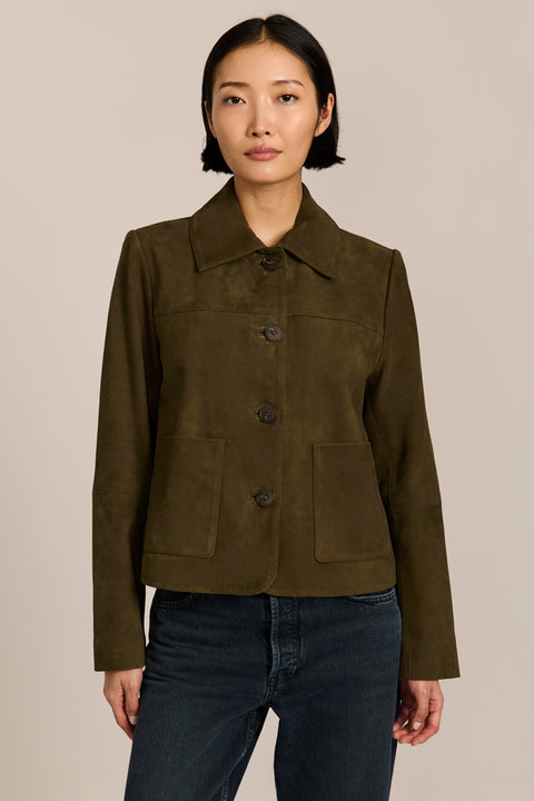 Women's genuine suede jacket with button-front closure and front patch pockets