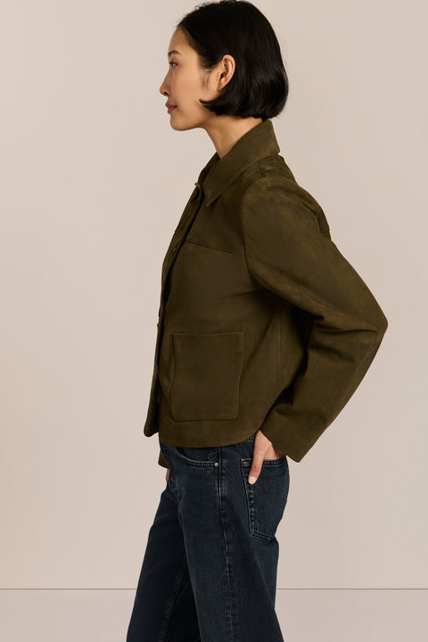 Women's genuine suede jacket with button-front closure and front patch pockets