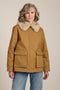 Utility jacket with removable faux fur collar, drawstring waist, oversized flap pockets and hidden zip closure.
