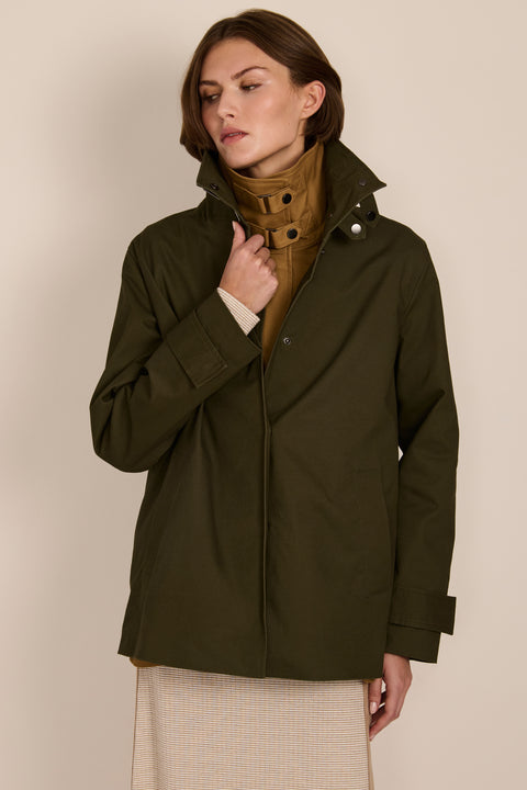 women's twill jacket with buckle collar.