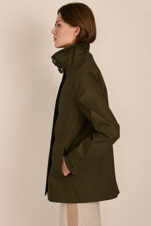 women's twill jacket with buckle collar.
