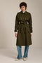 Women's belted trench coat with double-breasted front and water-repellent fabric.