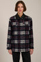 Brushed plaid shirt jacket with faux leather collar, flap chest pockets and side-entry welt pockets.