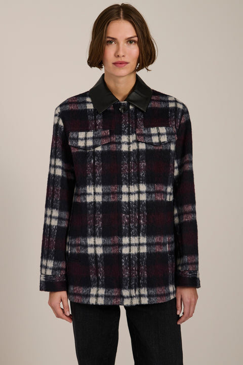 Brushed plaid shirt jacket with faux leather collar, flap chest pockets and side-entry welt pockets.