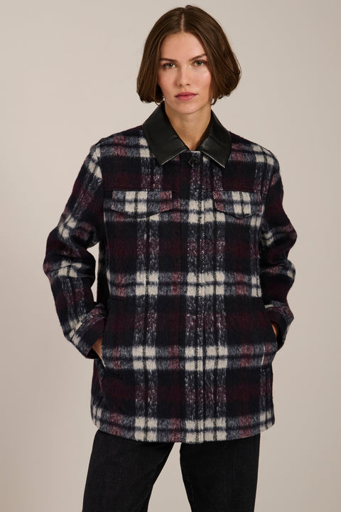 Brushed plaid shirt jacket with faux leather collar, flap chest pockets and side-entry welt pockets.