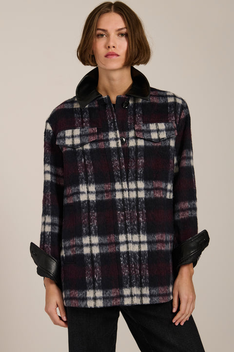 Brushed plaid shirt jacket with faux leather collar, flap chest pockets and side-entry welt pockets.