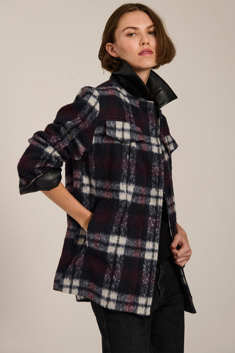 Brushed plaid shirt jacket with faux leather collar, flap chest pockets and side-entry welt pockets.