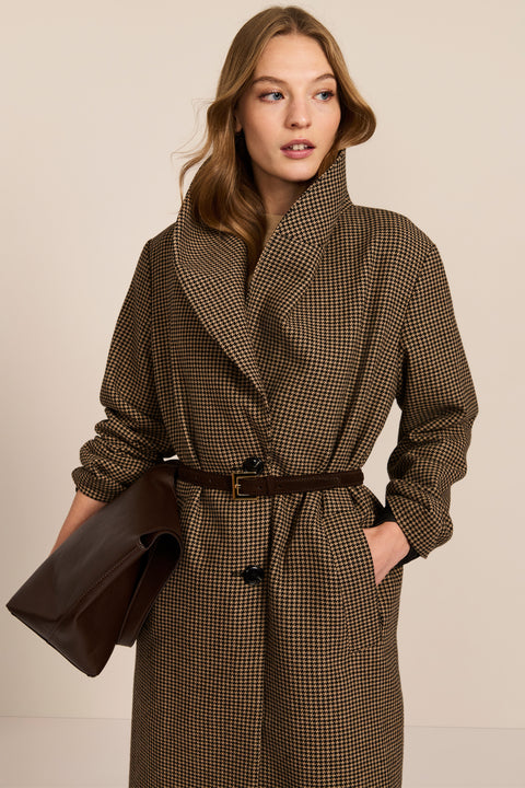 Women's brown houndstooth long coat with oversized notched collar, two-button closure and welt pockets.