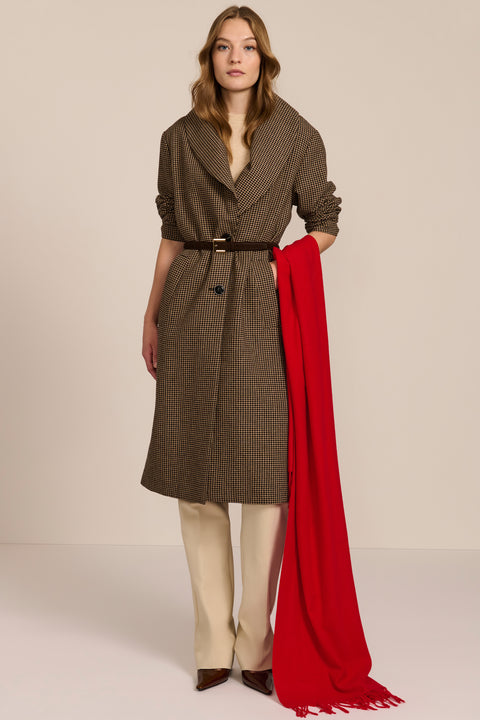 Women's brown houndstooth long coat with oversized notched collar, two-button closure and welt pockets.
