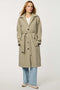 Women’s lightweight utility trench coat with belted waist, flap pockets, and roll-away hood tucked into the collar.