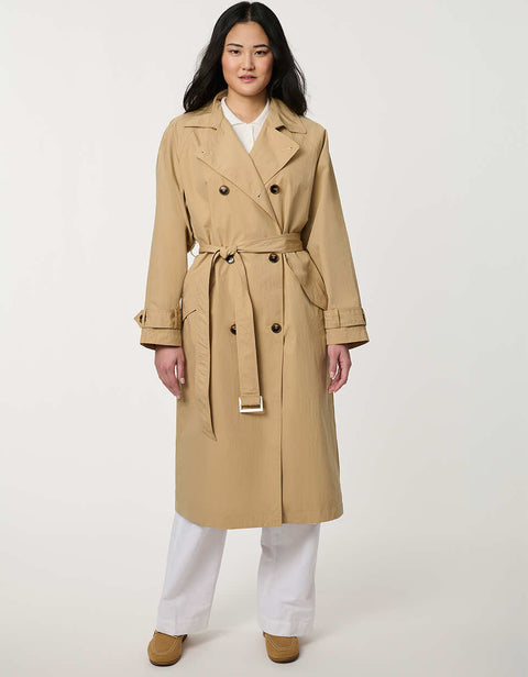 Women’s double-breasted trench coat with belted waist, cuff tabs, and striped interior lining.