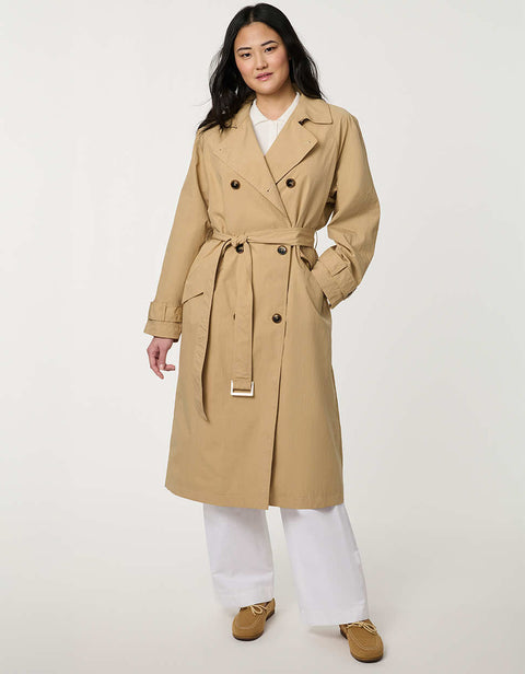 Women’s double-breasted trench coat with belted waist, cuff tabs, and striped interior lining.