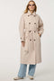 Women’s double-breasted trench coat with belted waist, cuff tabs, and striped interior lining.