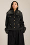 Wool-blend jacket with removable faux fur collar and cuffs, gold-tone buttons and four flap pockets.