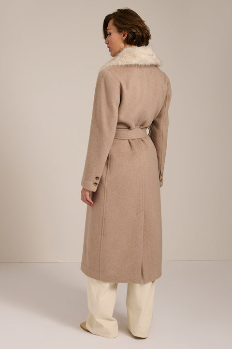 Long belted wool-blend coat with removable faux fur shawl collar, double-breasted front and tailored silhouette.