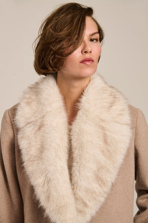 Long belted wool-blend coat with removable faux fur shawl collar, double-breasted front and tailored silhouette.