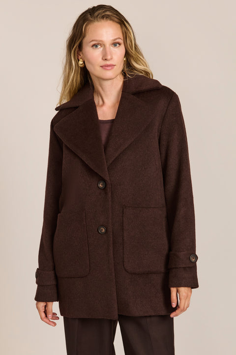 Women's chocolate brown oversized wool-blend coat with notched lapels, patch pockets and button-tab cuffs.
