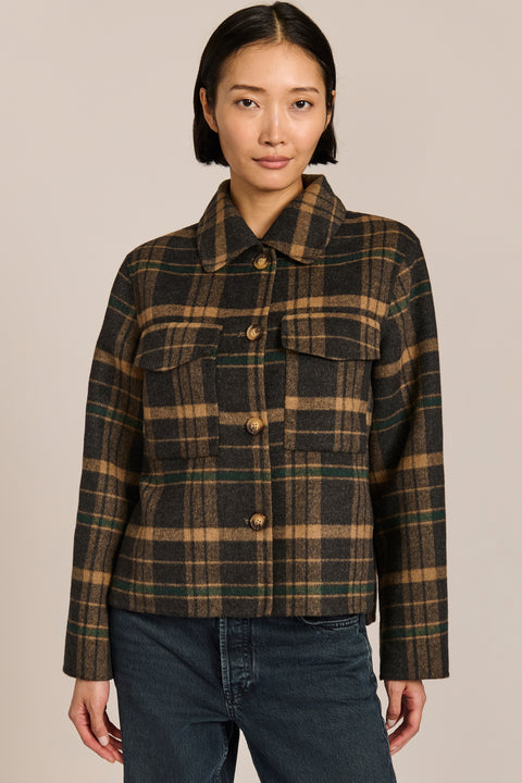 women's cropped plaid wool jacket featuring a point collar, button-front closure, and oversized flap pockets.
