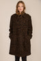 women's brown and black leopard print wool coat featuring a streamlined silhouette, pointed collar, concealed front closure and side pockets.