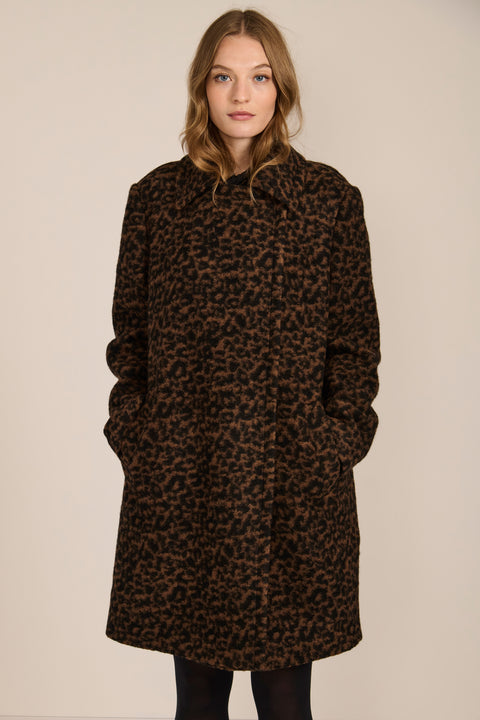 women's brown and black leopard print wool coat featuring a streamlined silhouette, pointed collar, concealed front closure and side pockets.