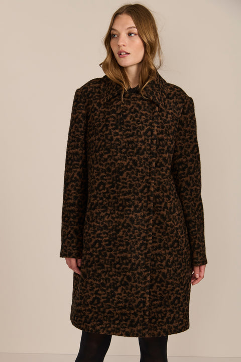women's brown and black leopard print wool coat featuring a streamlined silhouette, pointed collar, concealed front closure and side pockets.