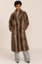 women's long taupe faux fur coat with a wide notched collar, single-breasted front, and side pockets.