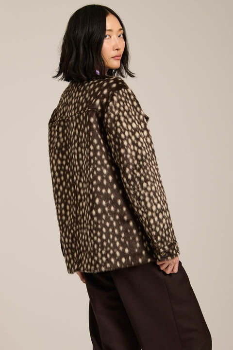 Bambi print faux calf hair utility jacket with collarless silhouette, flap pockets and relaxed fit.